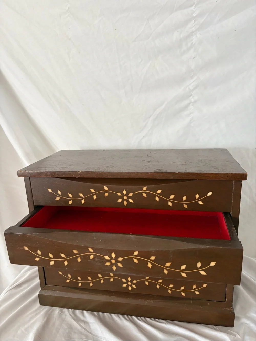 Vintage wood inlay large jewelry box storage boho midcentury home decor